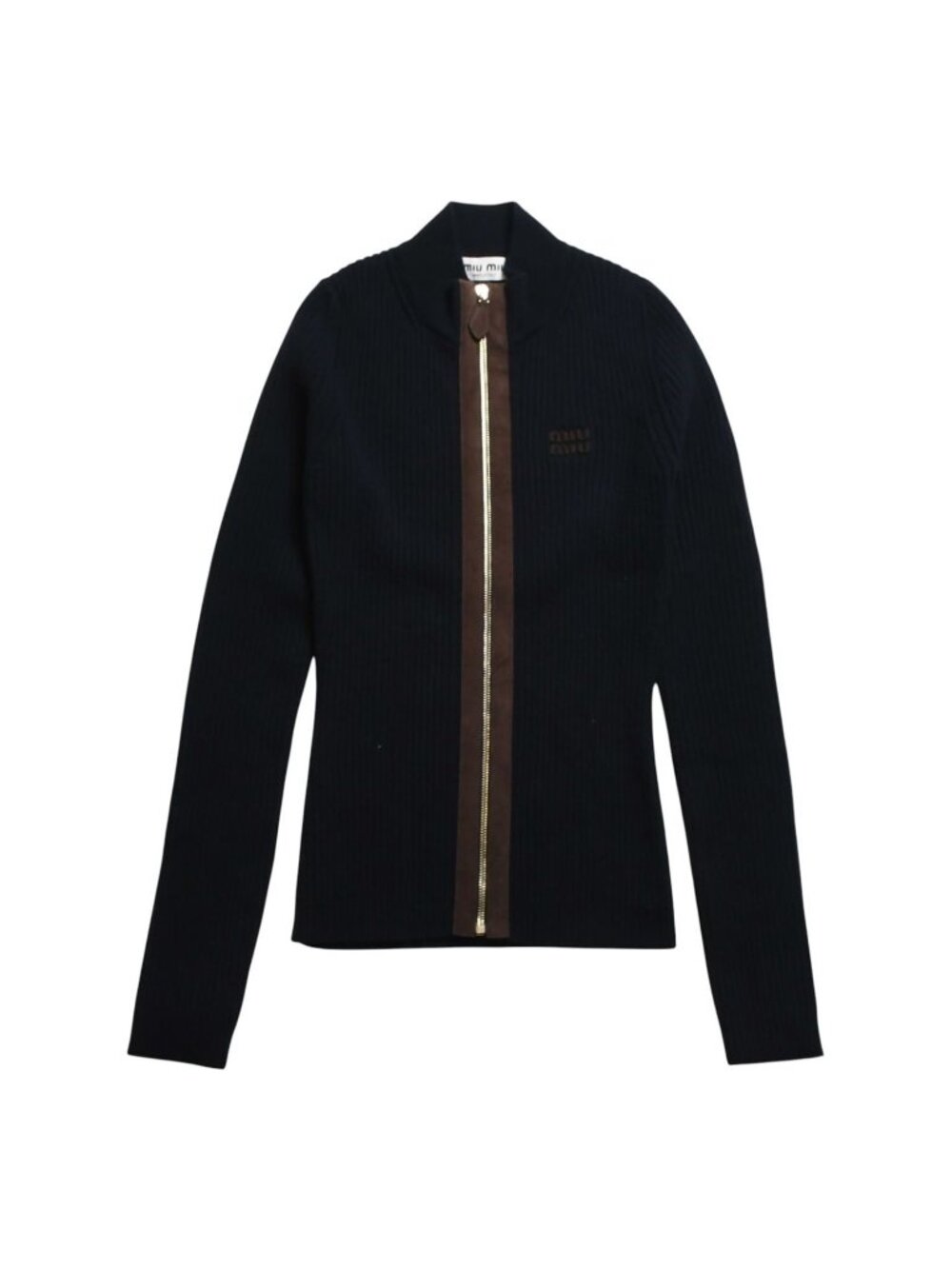 Miu Miu Leather Zipper Cardigan Navy Brown Gold